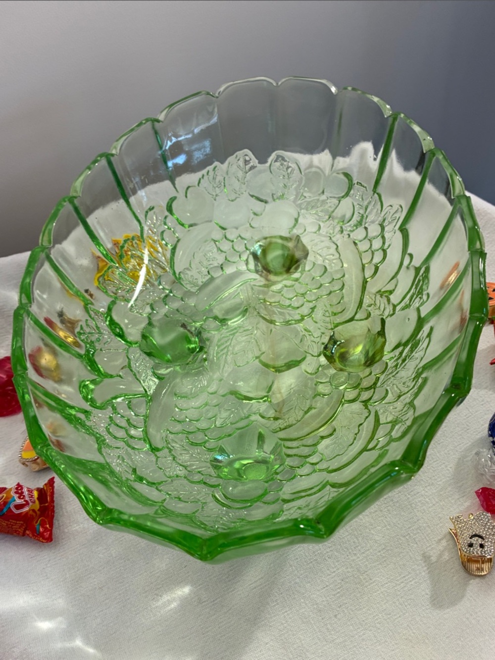 Indiana Glass Green Floral Pressed Glass Bowl